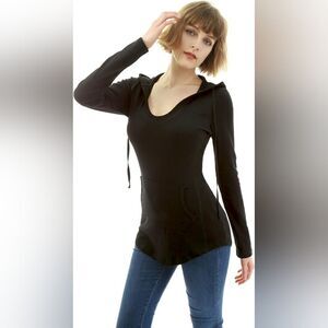 AmélieBoutik Women Hooded Ribbed Sides Pocket Curve Hem Tunic Top Black S
